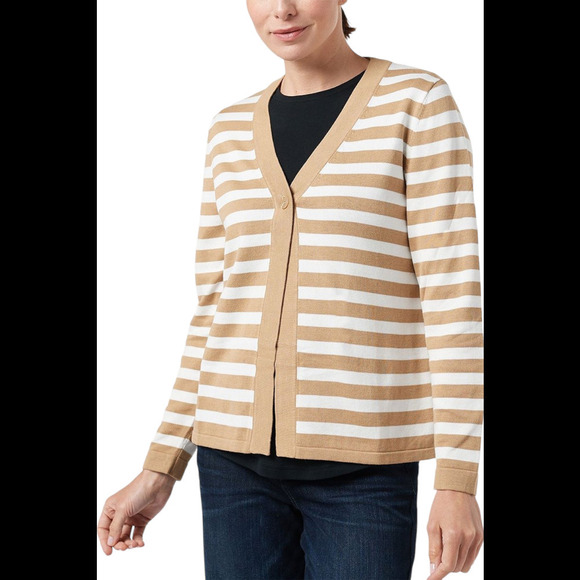 Isaac Mizrahi Live! Single Button Striped Cardigan Medium Camel - Regular - Picture 1 of 1